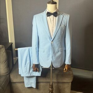 Men’s Pale Blue 2 Piece Formal Slim Fit Suit One Button 34 Jacket 31 Pants NWOT